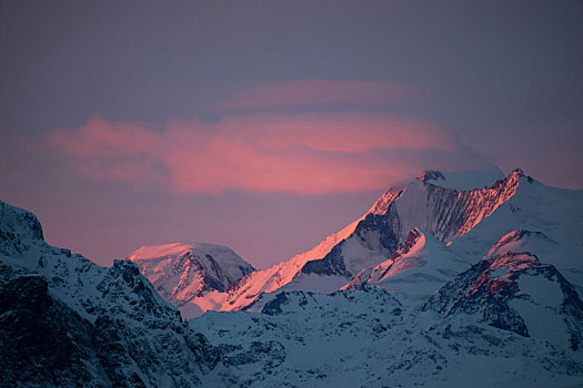 积雪,阿尔卑斯山,日落,策马特峰,瓦莱,瑞士