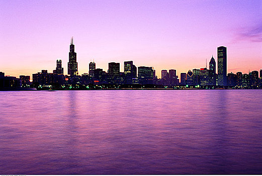 城市天际线,日落,芝加哥,伊利诺斯,美国
