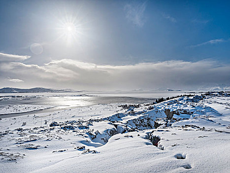 国家公园,冬天,大雪,世界遗产,峡谷,断层,线条,风景,上方,湖,冰岛,大幅,尺寸