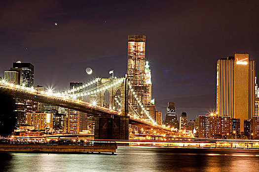 布鲁克林,桥,夜晚,曼哈顿,纽约,美国