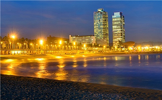 海岸,巴塞罗那,夜晚