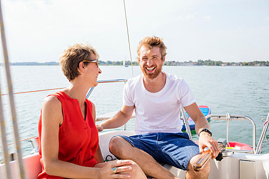 男青年,成年,女人,笑,帆船,基姆湖,湖,巴伐利亚,德国
