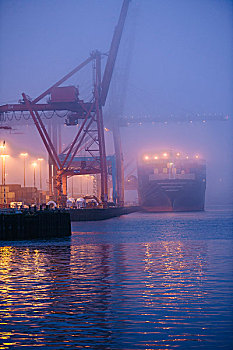模糊,风景,货船,起重机,水岸,夜晚,西雅图,华盛顿,美国