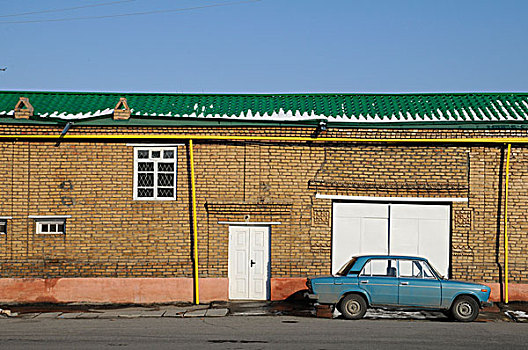 乌兹别克斯坦,布哈拉,老,蓝色,俄罗斯,汽车,正面,现代建筑