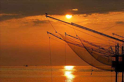 渔网,高处,海洋,日出,威尼托,意大利