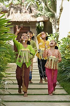 巴厘岛,女孩,投掷,花