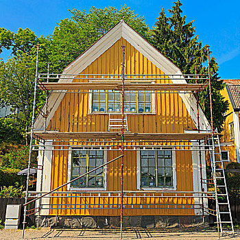 瑞典,房子,涂绘,黄色,白色,掉皮,脚手架,欧洲