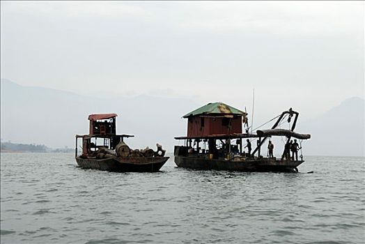 船,收获,木头,水,人工湖,老挝,亚洲
