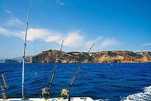 捕鱼,钓鱼,船,杆,地中海,岬角,阿利坎特,西班牙