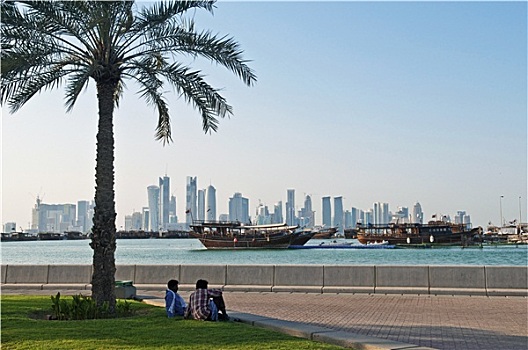 风景,多哈,卡塔尔,船,天际线