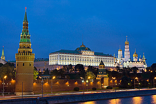 莫斯科,克里姆林宫,宫殿,大教堂,河,夜晚,俄罗斯,欧洲