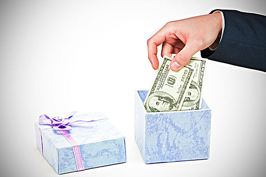 合成效果,图像,握着,100美元,钞票,打开,蓝色,礼盒,紫色,丝带