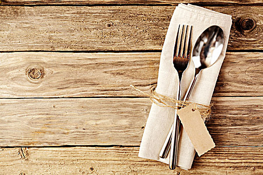 勺子,叉子,系,白色背景,餐巾,标签