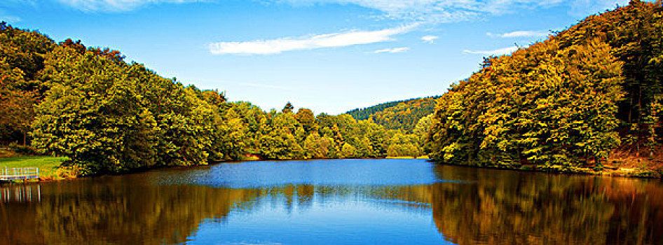 湖,秋日树林,反射
