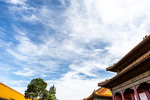 蓝天白云下北京故宫的独特建筑