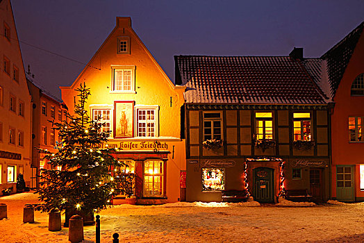 旅店,雪,老,房子,黄昏,不莱梅,德国,欧洲