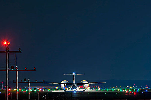 飞机跑道,机场,杜塞尔多夫,夜晚,北莱茵威斯特伐利亚,德国