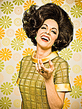 女人,20世纪60年代,风格,连衣裙,花,壁纸,笑,看镜头