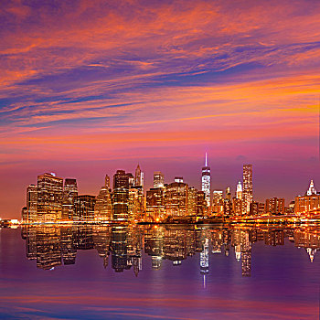 曼哈顿,日落,天际线,纽约,美国