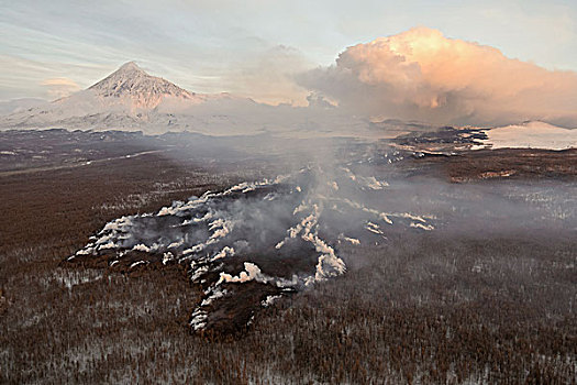 熔岩流,森林火灾,火山,堪察加半岛,俄罗斯
