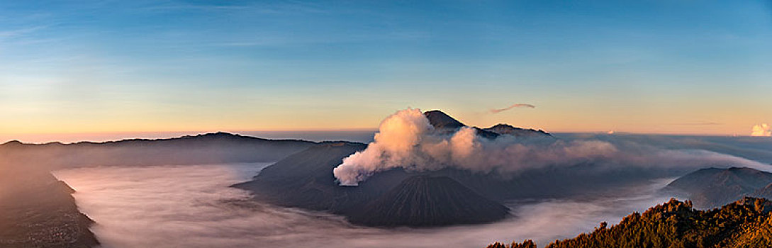 火山口,风景,火山,日出,烟,婆罗莫,山,国家公园,爪哇,印度尼西亚,亚洲