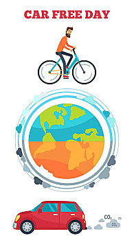 汽车,白天,象征,矢量,插画,标识,男人,骑自行车,地球,气氛,排放,气,环保,白色背景,背景