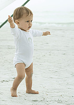 婴儿,走,海滩,伸展胳膊