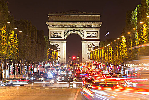 凯旋门,交通,夜景,香榭丽舍大街,巴黎,法国,欧洲