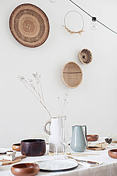 木碗,桌面布置,装饰,墙壁,天然材料