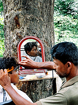 理发师,头发,路边树,收入,人,切削,孟加拉,2007年