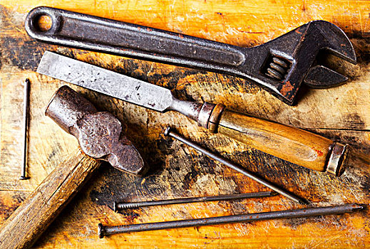 老,工具,木质背景