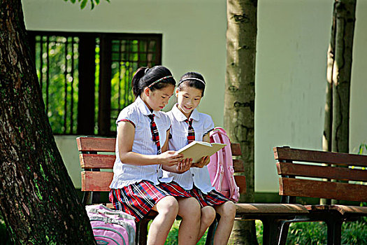 小学女生在户外看书