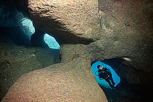 潜水,探索,洞穴,三个,入口,岛屿,科孚岛,爱奥尼亚群岛,地中海,希腊,欧洲