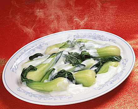 特写,小白菜,泡沫奶油,盘子