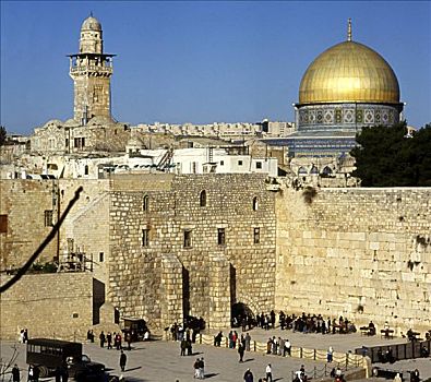 俯拍,多人,靠近,墙壁,哭墙,圆顶清真寺,耶路撒冷,以色列