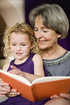 孙,奶奶,读,书本