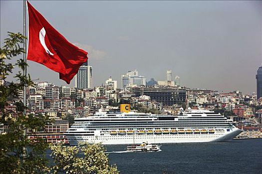 渡轮,船,客轮,博斯普鲁斯海峡,正面,加拉达塔,天际线,伊斯坦布尔,土耳其