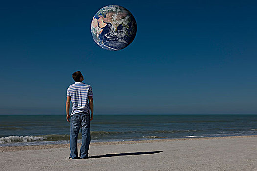 男人,海滩,仰视,星球,地球,轨道运行,上方