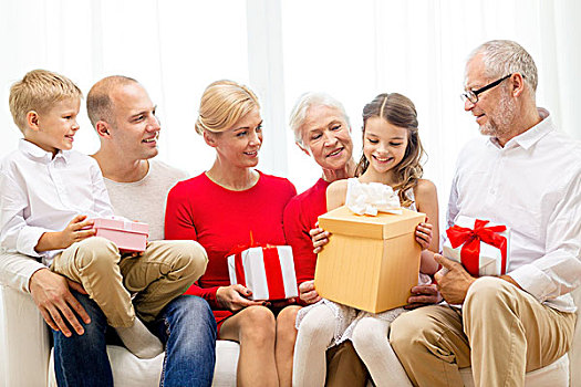 家庭,休假,圣诞节,人,概念,微笑,礼盒,坐,沙发,在家