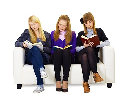 三个女孩,青少年,小心,读,书本
