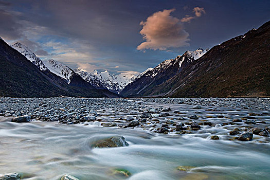 河,黄昏,积雪,顶峰,南阿尔卑斯山,坎特伯雷,新西兰