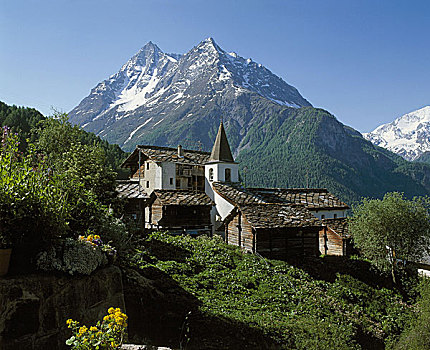 瑞士,沃利斯,高山,山村,夏天,山景,山,高山区,乡村,房子,住宅,教堂,教区教堂,孤单,荒芜,田园