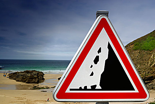 警告标识,小心,落下,石头,大西洋,海滩,菲尼斯泰尔,布列塔尼半岛,法国,欧洲