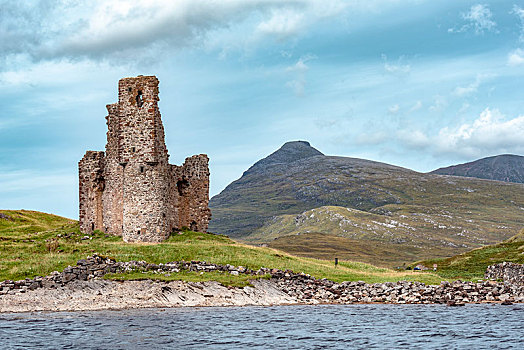 城堡遗迹,城堡,半岛,湖,萨瑟兰,苏格兰高地,苏格兰,英国