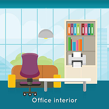 办公室,概念,矢量,公寓,设计,风格,鲜明,现代,家具,工作场所,市景,窗户,舒适,地点,工作,插画,商务