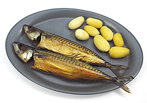 熏制,大西洋鲭鱼,土豆,盘子