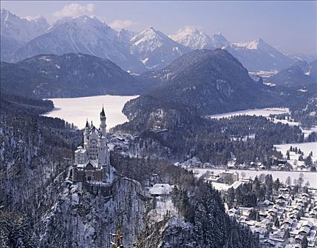 城堡,新天鹅堡,正面,雪,靠近,德国