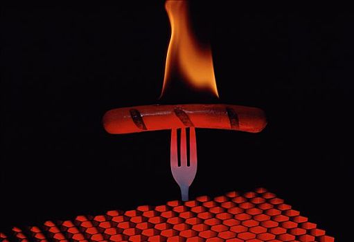 烤制食品,热狗,叉子,火焰