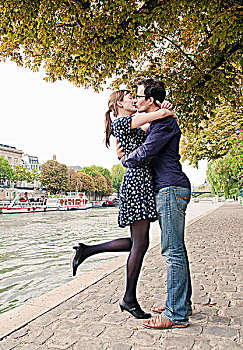 浪漫,伴侣,吻,塞纳河