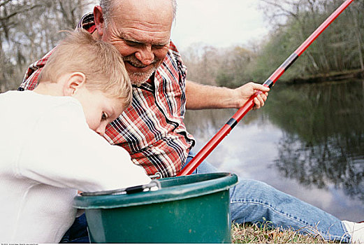 爷爷,孙子,钓鱼